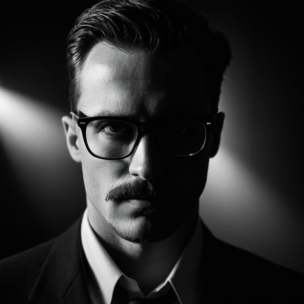 cinematic film still of  <lora:Split Lighting style v2:1>
Split Lighting Photography of a man with glasses and a mustache in a dark room,solo,looking at viewer,1boy,monochrome,greyscale,male focus,glasses,facial hair,sunglasses,portrait,realistic,mustache,bald ,realistic , realistic, realism, photorealism, hyperrealism, hyperrealistic, realistic, sharp, detailed, cinematography style, film light style, movie still,  professional photography, artistic, perfection, contrast, cinematic, filmic, high quality photo,  8k quality, colorful, partially covered in shadow, dark shadow, split light, side light, Split Lighting Photography style, shallow depth of field, vignette, highly detailed, high budget, bokeh, cinemascope, moody, epic, gorgeous, film grain, grainy