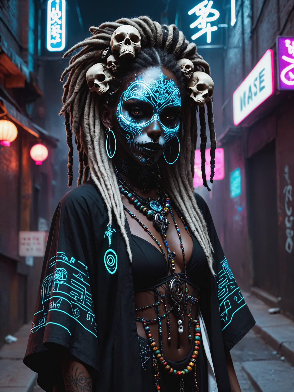 woman, cyberpunk, dark alley way, white face paint, skulls, kaftan, hat, dread locks, beads, magic dark skin, mad-vdprst , night, neon signs, garbage, haze, dynamic pose <lora:Neon_Cyberpunk_Voodoo_Mage_SDXL:0.8>, (masterpiece:1.2), best quality