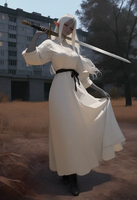 highres, greatscore, absurdres, masterpiece, 1girl, (solo:1.2), sangsoo jeong, mgong520, realistic, safe, dress, aged up, grey skin, pointy ears, white hair, dark elf, smile, red eyes, holding sword, sword over shoulder,<lora:ebenya:1> ebenya, outdoors, building, photo background, <lora:illustriousXLv01_stabilizer_v1.152_1710796:1> half closed eyes, russian , <lora:noobai_vpred_1_masterpieces_v23:1> masterpiece, best quality, very aesthetic , tree, full body, <lora:nhl-001:1> nhl-001, realistic