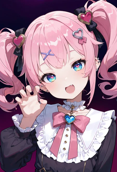 masterpiece, best quality, high quality, detailed, absurdres, uncensored, <lora:matcha:1> matcha \(mattyan\), dark background,
BREAK 1girl, (small breasts:0.4), pink hair, twintails, curly hair, black dress, frilled collar, white collar, pink bowtie, long sleeves, frilled dress, ear piercing, heart hair ornament, hairclip, open mouth, fang, claw pose, hand up, head tilt, upper body, happy