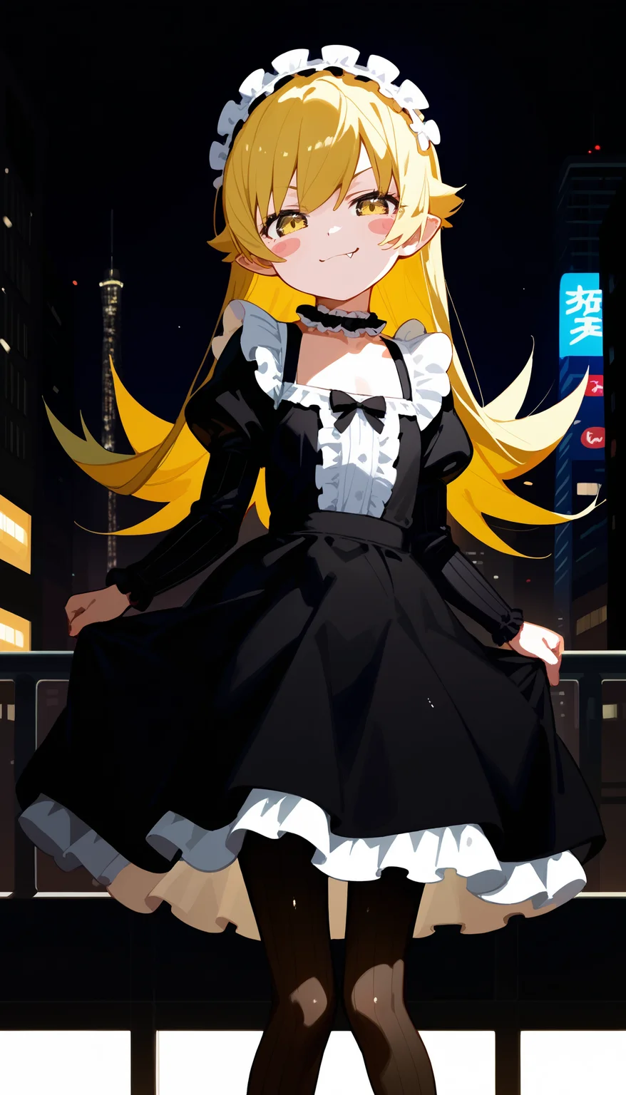 score_9, score_8_up, score_7_up, BREAK 1girl, shiny skin, flat chest, oshino shinobu, long hair, solo, blonde hair, yellow eyes, pointy ears, blush stickers, smirk, fang, black dress, frilled dress, juliet sleeves, frilled hairband, frilled choker, white pantyhose, ribbed pantyhose, shibuya (tokyo), city, night, backlighting, <lora:PXL\shinobu:0.9>
