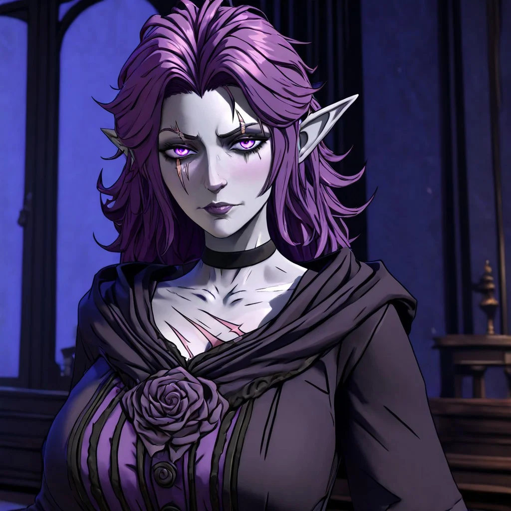 masterpiece, best quality, newest, absurdres, highres, CSGV1.0, anime coloring, 3d, 1girl, goth, gothic, goth fashion, victorian, elf, coreset, messy hair, scar, scars, scar on face, robe, medival, medival clothing, mature, mature female,
Purple hair, Purple eyes, grey skin, colored skin, grey colored skin,