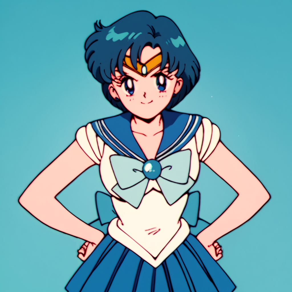 score_9, score_8_up, score_7_up, score_6_up, score_5_up, score_4_up, source_anime, , Sailor_Mercury, blue hair, blue eyes, sailor senshi uniform, blue sailor collar, , soft smile, standing, hands on hips