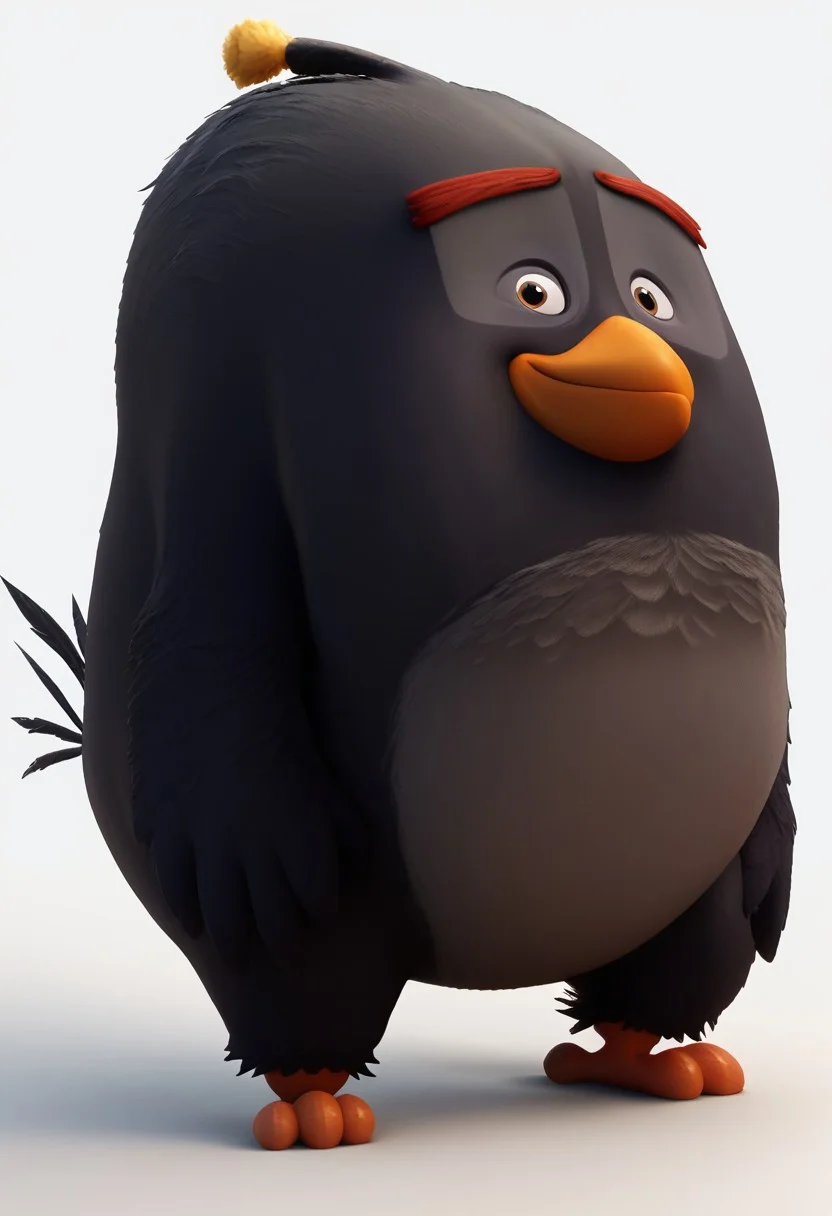 solo, solo focus, 1boy, bomb_bird, angry birds, score_9, score_8_up, score_7_up, score_6_up, score_5_up, score_4_up, source_furry, hi res, sfw. 3D artwork, 3D render.
black avian, black plumage, large size, spherical body, grey belly, chubby, beak, head tuft, red eyebrows, short beak, large beak, feathered hands, winged arms, stubby legs.
White background, standing, smile, full body, thumb up, looking at viewer, open eyes, small pupils.