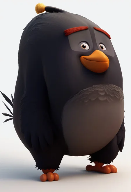 solo, solo focus, 1boy, bomb_bird, angry birds, score_9, score_8_up, score_7_up, score_6_up, score_5_up, score_4_up, source_furry, hi res, sfw. 3D artwork, 3D render.
black avian, black plumage, large size, spherical body, grey belly, chubby, beak, head tuft, red eyebrows, short beak, large beak, feathered hands, winged arms, stubby legs.
White background, standing, smile, full body, thumb up, looking at viewer, open eyes, small pupils.