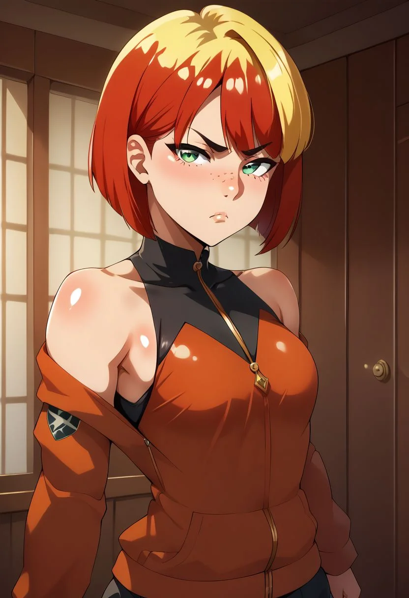 score_9, score_8_up, score_7_up, source anime, anime, animification,(hara_(harayutaka):0.6), shiny skin, skindentation, deep skin, high quality, highres, 1girl, solo, curvy, petite, small breasts, red hair, yellow hair, two-tone hair, short hair, bobcut, green eyes, Face freckles, pout, tsundere