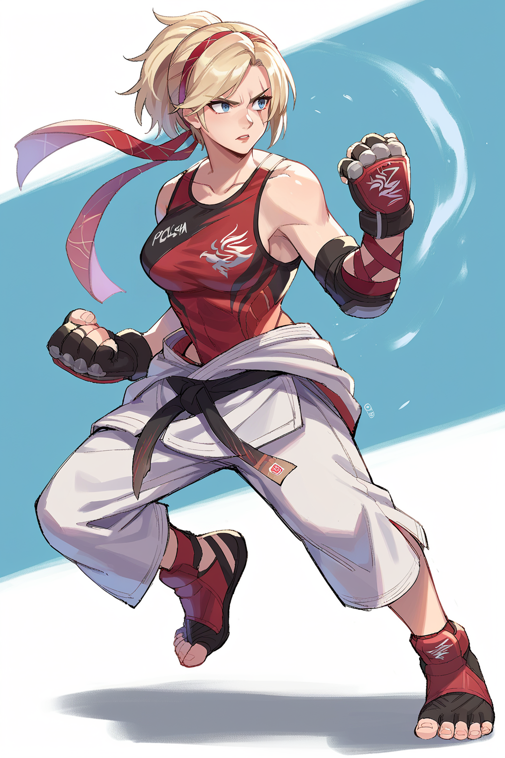 score_9, score_8_up, score_7_up, score_6_up, score_5_up, score_4_up, BREAK source_anime,solo
edgLidia,fingerless gloves,scar across one eye,ponytail,red hairband,black karate belt,clothes around waist,dougi,tank top, breasts, short hair, blue eyes, blonde hair, gloves, full body,fighting stance, nose
 <lora:edgLidiaTekkenPonyv1:1>