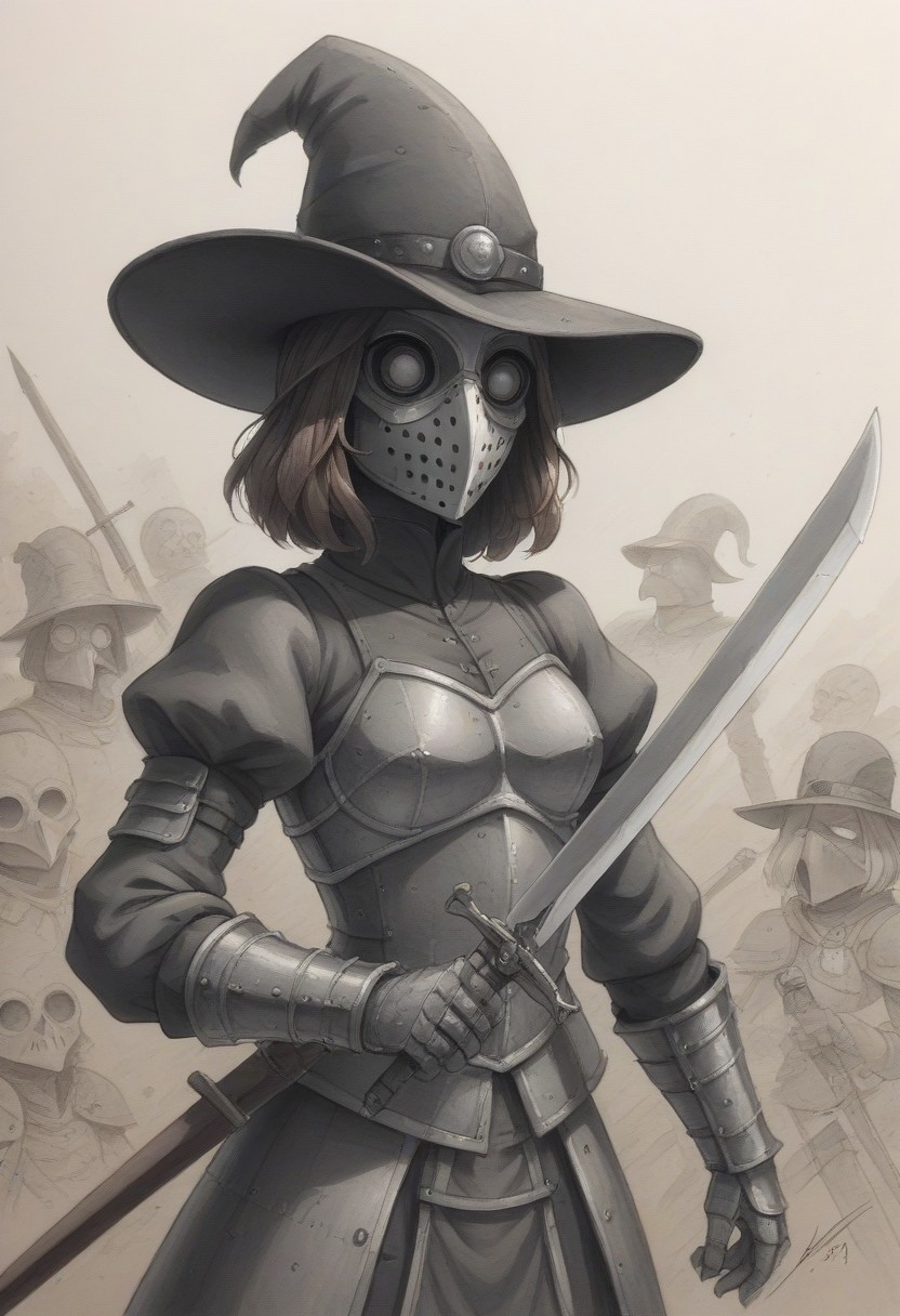 evang, 1girl, sepia, monochrome, traditional media, brown theme, hat, armor, 1girl, puffy sleeves, sketch, textured background, plague doctor, mask, landsknecht, weapon, sword, hat, armor, 1girl, puffy sleeves,