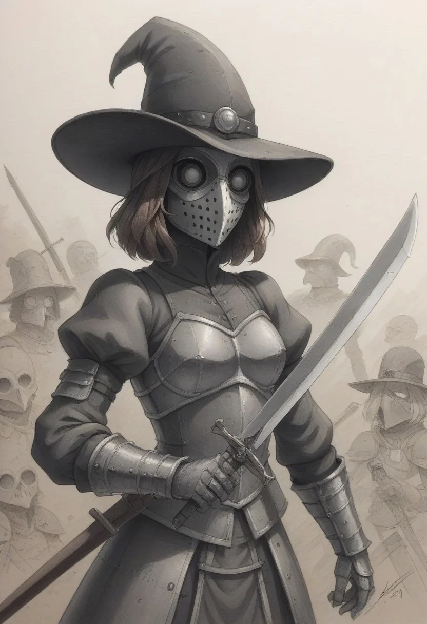 evang, 1girl, sepia, monochrome, traditional media, brown theme, hat, armor, 1girl, puffy sleeves, sketch, textured background, plague doctor, mask, landsknecht, weapon, sword, hat, armor, 1girl, puffy sleeves,