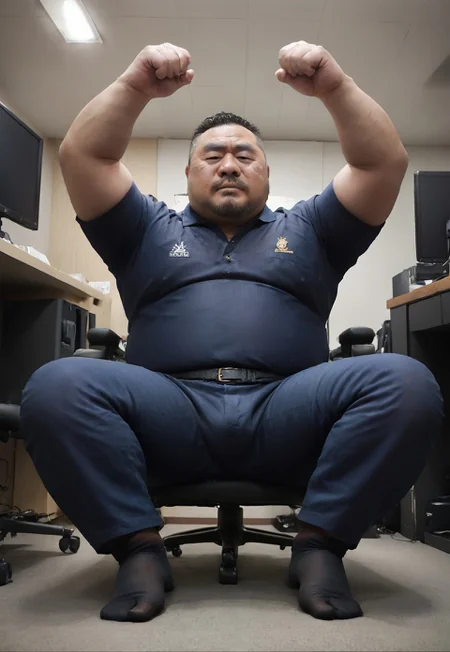 safe_pos, solo, , Chinese middle-aged man, overweight , full body, chubby, fat man, grandpa，Soujirou Marui, ((very short hair)),sparse, facial hair, math teacher, wearing Polo shirt, Polo shirt tucked into pants，dark blue trousers,tight Polo shirt, belt, heat, sweat stains, sweat all over, shame, ((grey groomtache)), bulge, ((((sitting on the office chair, serious)))), blush, drunk,  veins on arms, realistic, realistic lighting, intricate detail, photorealistic, ((below view，low angle))，fetish,((((wearing black nylon socks)))),fat foot, fat legs,foot view, arms up, hands on the hips,