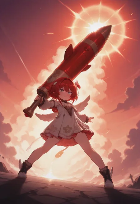 masterpiece, by piaki, color art,graphic design,illustration cover, cover, high contrast,absurd res,intricate details,best quality, very detailed,best quality,amazing quality,very aesthetic,absurdres,newest,1girl,solo, cute,tribbie
, cross-shaped_pupils ,null_artstyle,missile ,holding missile, holding, foreshortening, sunrise stance, holding,low view,