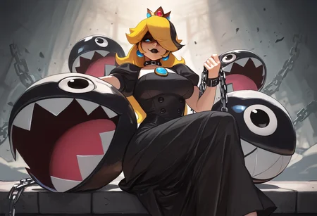 masterpiece, best quality, 1girl,princess peach,alternate costume,blue eyes,black lips,black hair,blonde hair,choker,hair over one eye,streaked hair,black dress,sitting on chain chomp,holding chain, crossed legs,looking at viewer,smirk,shaded face