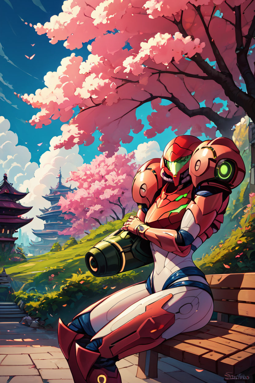 score_9, score_8_up, score_8, medium breasts, (curvy),   ,,, , ,,, zzSamus, varia suit, arm cannon, shoulder armor, pauldrons, armor, neon trim,  visor (armor), full armor,  <lora:SamusVariaSuit_PDXL:1.0>,     dynamic pose, side view,  ,,,, BREAK, sitting on bench, side view, smile, looking at viewer, cowboy shot,  ,,, BREAK, pnkBldng, sky, day, cloud, tree, blue sky, building, architecture, east asian architecture,  ,,, BREAK, embedding:zPDXL, Expressiveh,  ,,, <lora:PinkBuildingsPDXL_v2:0.6>, <lora:SDXLFaeTastic2400:0.5>, <lora:Expressive_H-000001:0.4>