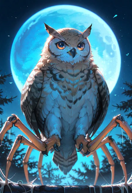scifi, masterpiece, best quality, great composition, spider and owl bird hybrid, lowe body spider legs on a upper body owl bird, Looking at you , owl glare, in the night, glowing blue trinagular moon,