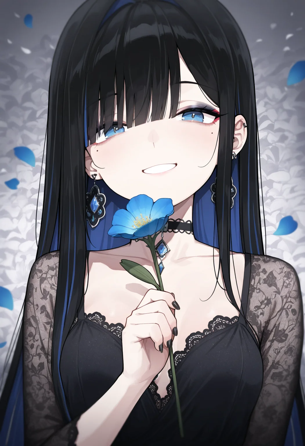 masterpiece,best quality,amazing quality,
1girl, flower, solo, black hair, long hair, holding flower, mole, petals, holding, jewelry, blue flower, looking at viewer, black nails, earrings, mole under eye, makeup, blue eyes, nail polish, multicolored hair, colored inner hair, smile, bangs, upper body, choker, eyeshadow,
<lora:Healthyman_epoch_10:1>