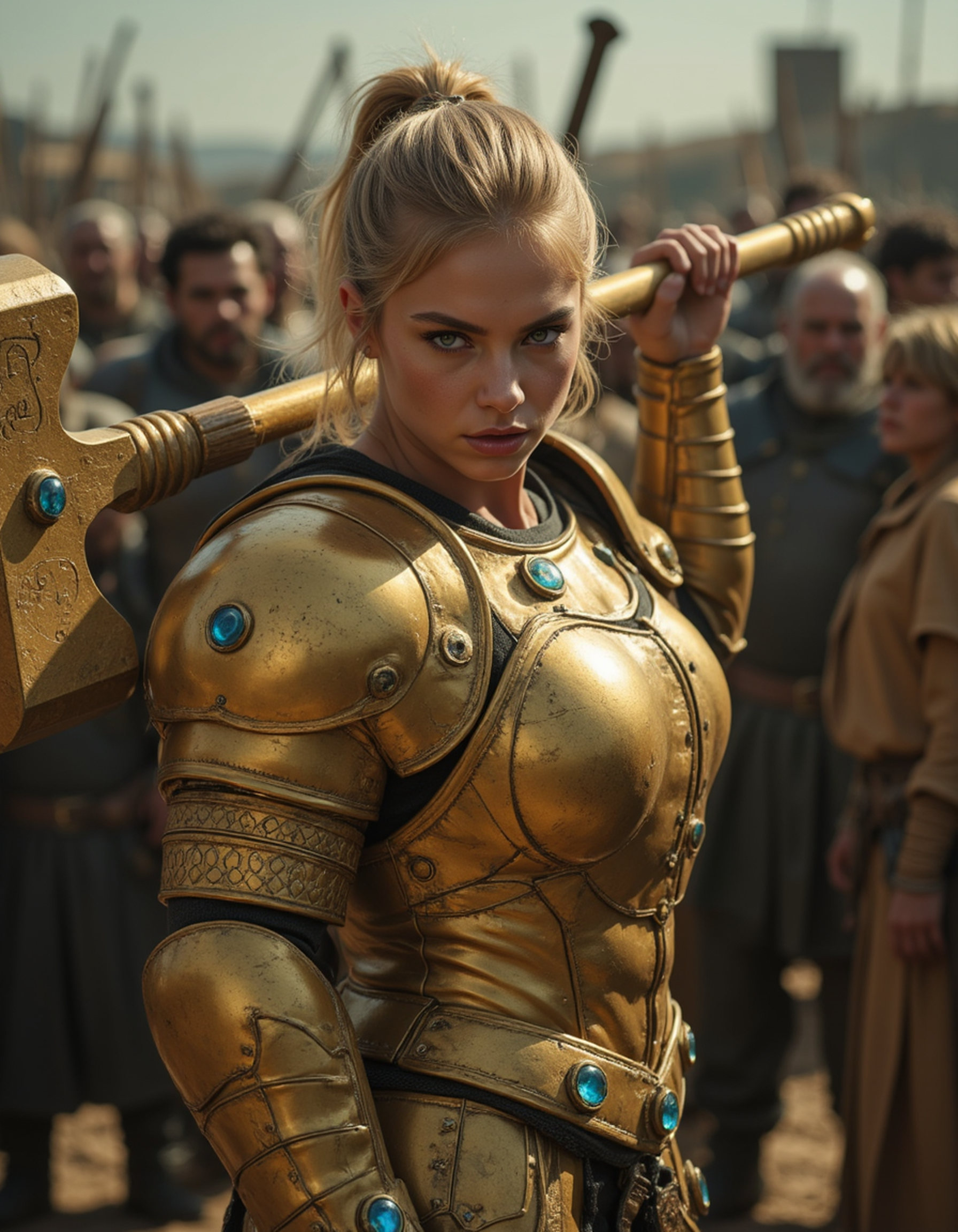 A cinematic full body view photograph of  a female Paladin in  golden armor wielding a huge hammer mace. Her armor has large gems encrusted in it. Her golden blonde hair is pulled back into a high pony tail and her eyes are a piercing grey. She's standing in front of a crowd of ragged villagers, ready to defend them. Her huge golden hammer and several large blue gems in it and it glows with a golden aura. Her huge hammer is resting on her shoulder. She is muscular and has an imposing stance. She has an angry expression on her face and she's snarling and growling as she prepares to fight. <lora:Flux\EXM.safetensors:0.3:0.3> <lora:Flux\muscleMixV2.safetensors:0.25:0.25> <lora:Flux\Detailer\FLUX-dev-lora-add_details.safetensors:0.25:0.25> <lora:Flux\Detailer\AntiBlur.safetensors:1.0:1.0>