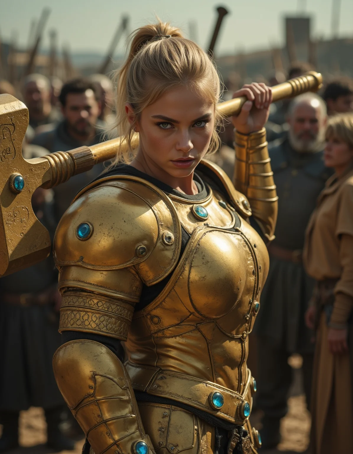 A cinematic full body view photograph of a female Paladin in golden armor wielding a huge hammer mace. Her armor has large gems encrusted in it. Her golden blonde hair is pulled back into a high pony tail and her eyes are a piercing grey. She's standing in front of a crowd of ragged villagers, ready to defend them. Her huge golden hammer and several large blue gems in it and it glows with a golden aura. Her huge hammer is resting on her shoulder. She is muscular and has an imposing stance. She has an angry expression on her face and she's snarling and growling as she prepares to fight. <lora:Flux\EXM.safetensors:0.3:0.3> <lora:Flux\muscleMixV2.safetensors:0.25:0.25> <lora:Flux\Detailer\FLUX-dev-lora-add_details.safetensors:0.25:0.25> <lora:Flux\Detailer\AntiBlur.safetensors:1.0:1.0>