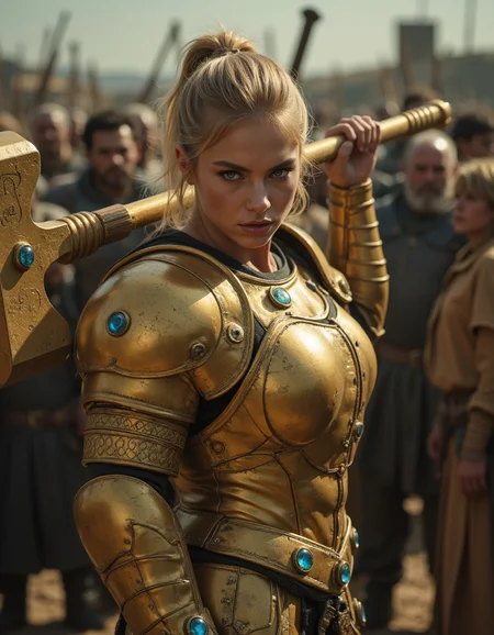 A cinematic full body view photograph of  a female Paladin in  golden armor wielding a huge hammer mace. Her armor has large gems encrusted in it. Her golden blonde hair is pulled back into a high pony tail and her eyes are a piercing grey. She's standing in front of a crowd of ragged villagers, ready to defend them. Her huge golden hammer and several large blue gems in it and it glows with a golden aura. Her huge hammer is resting on her shoulder. She is muscular and has an imposing stance. She has an angry expression on her face and she's snarling and growling as she prepares to fight. <lora:Flux\EXM.safetensors:0.3:0.3> <lora:Flux\muscleMixV2.safetensors:0.25:0.25> <lora:Flux\Detailer\FLUX-dev-lora-add_details.safetensors:0.25:0.25> <lora:Flux\Detailer\AntiBlur.safetensors:1.0:1.0>