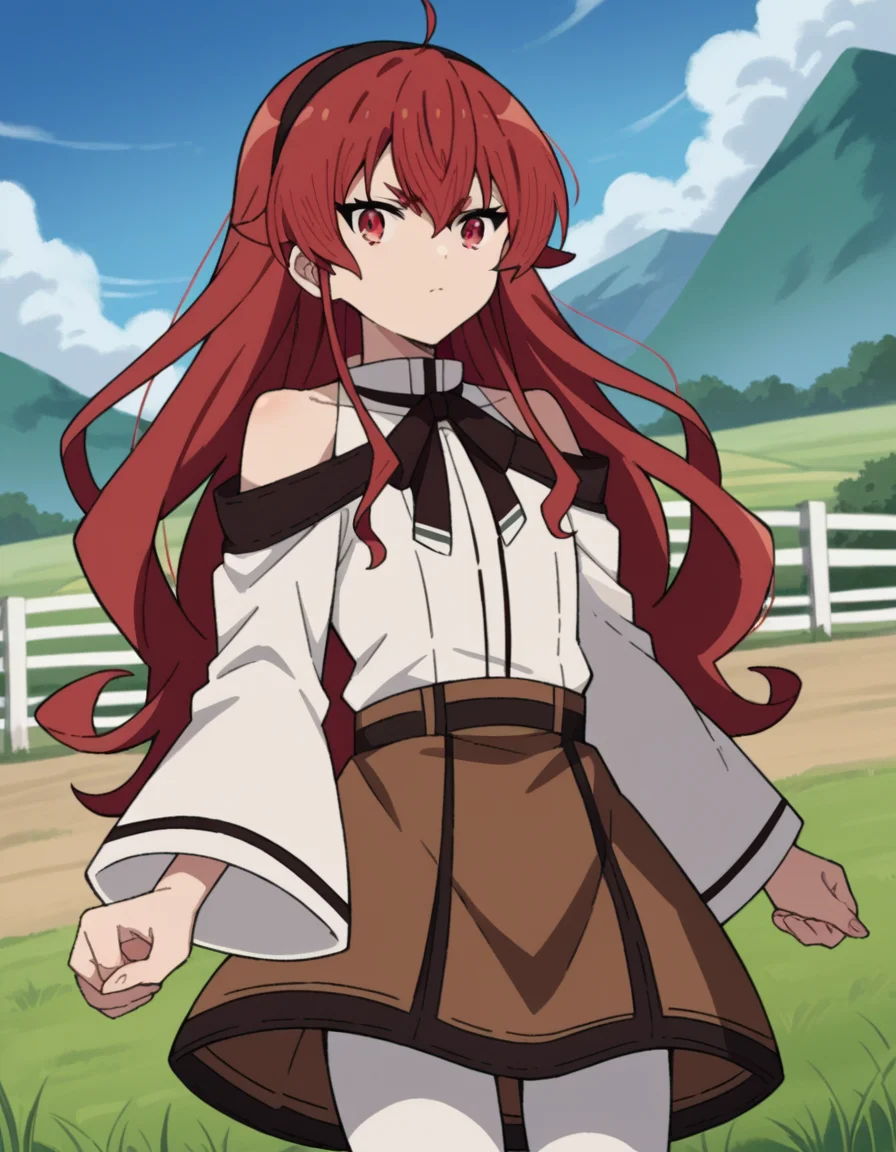 score_9, score_8_up, score_7_up, source_anime,
erisgreyrat, <lora:eris-boreas-greyrat-s1-ponyxl-lora-nochekaiser:1>,
eris greyrat, ahoge, hair between eyes, long hair, red eyes, red hair, sidelocks,
black hairband, black ribbon, brown skirt, hairband, long sleeves, neck ribbon, pantyhose, ribbon, shirt, shoulder cutout, skirt, white pantyhose, white shirt, wide sleeves,
outdoors, landscape, farm,
looking at viewer, dutch angle, cowboy shot,