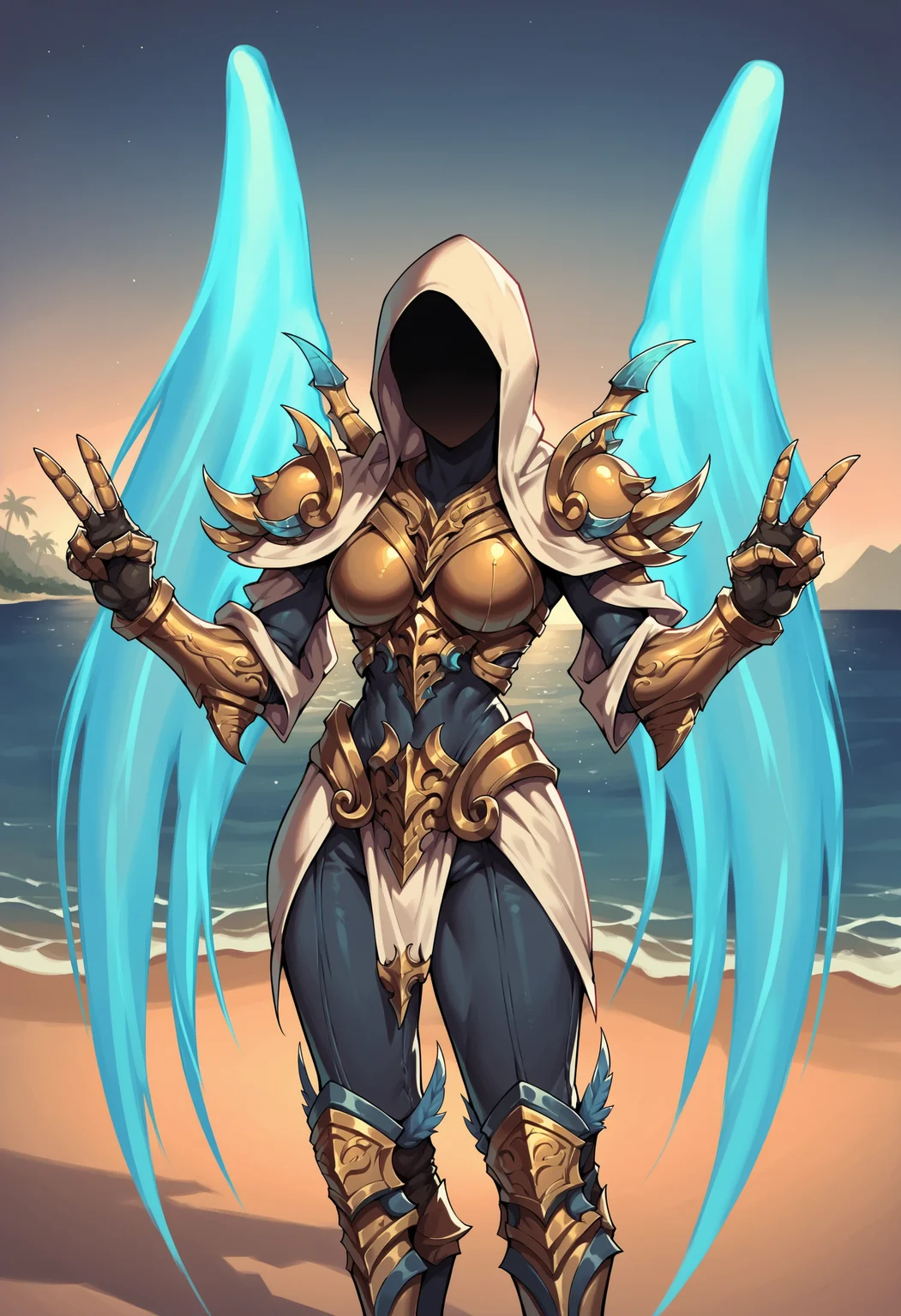 score_9, score_8_up, score_7_up, score_6_up, score_5_up, score_4_up, <lora:Auriel:0.8> 1girl, breasts, armor, blue wings, glowing, hood, hood up, faceless, shoulder armor, gauntlets, upper body, front view, looking at viewer, v sign,
beach background, ocean, palm trees,