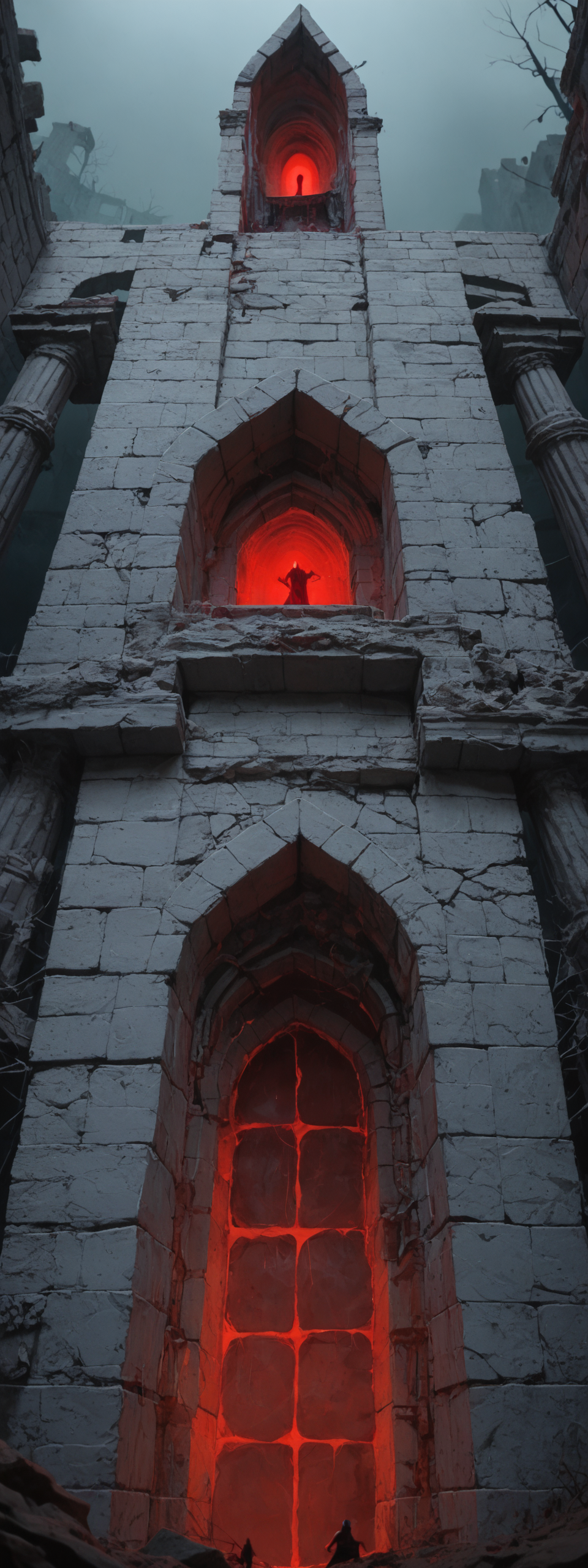 score_7_up, score_6_up, very low angle, gigantic mysterious lost structure ruins, the structure is a stone sculpted arch, there is dazzling red light glowing from it, foggy sand texture, creepy atmosphere, red color dominant, scene take place in the night, <lora:Cyber-manhwa-style_ponyXL_resized_LOREVER:1>