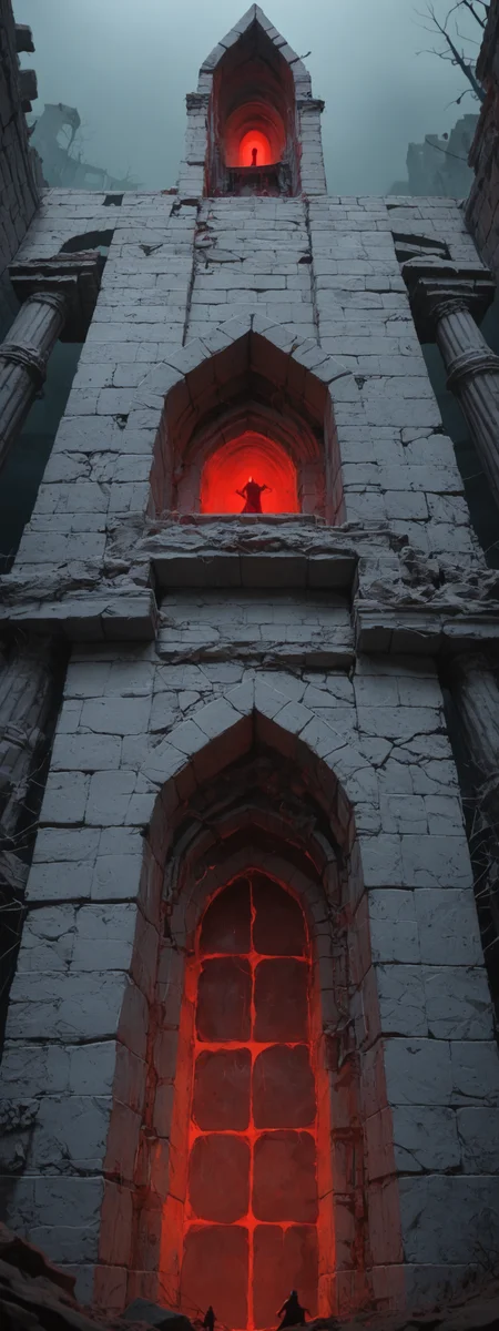 score_7_up, score_6_up, very low angle, gigantic mysterious lost structure ruins, the structure is a stone sculpted arch, there is dazzling red light glowing from it, foggy sand texture, creepy atmosphere, red color dominant, scene take place in the night, <lora:Cyber-manhwa-style_ponyXL_resized_LOREVER:1>