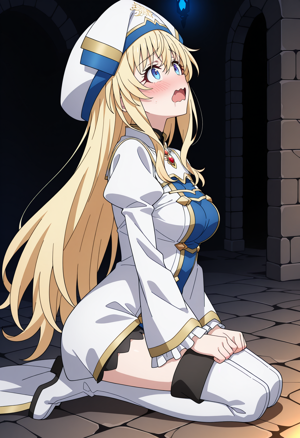 masterpiece, best quality, high resolution, source_anime, highly detailed illustration, detailed eyes,
very aesthetic, absurdres, newest, amazing quality,
1girl, solo, anime screencap, anime coloring, 
<lora:shiPriestessV1ill:1>, shigoblitessrng, long hair, very long hair, blonde hair, hair between eyes, white headwear, cleric headdress, blue eyes, 
long sleeves, wide sleeves, puffy sleeves, frilled sleeves, juliet sleeves, white dress, frills, medium breasts, 
white thighhighs, thigh boots, white footwear, 
looking at viewer, female orgasm, confused,open mouth, saliva, kneeling, seiza, looking up, blush, shy, wavy mouth, from side, dungeon, stone, goblin, goblin slayer!,
