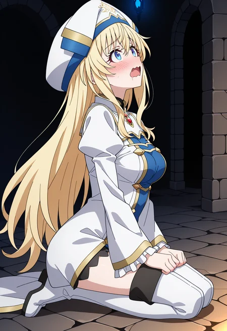 masterpiece, best quality, high resolution, source_anime, highly detailed illustration, detailed eyes,
very aesthetic, absurdres, newest, amazing quality,
1girl, solo, anime screencap, anime coloring,
<lora:shiPriestessV1ill:1>, shigoblitessrng, long hair, very long hair, blonde hair, hair between eyes, white headwear, cleric headdress, blue eyes,
long sleeves, wide sleeves, puffy sleeves, frilled sleeves, juliet sleeves, white dress, frills, medium breasts,
white thighhighs, thigh boots, white footwear,
looking at viewer, female orgasm, confused,open mouth, saliva, kneeling, seiza, looking up, blush, shy, wavy mouth, from side, dungeon, stone, goblin, goblin slayer!,