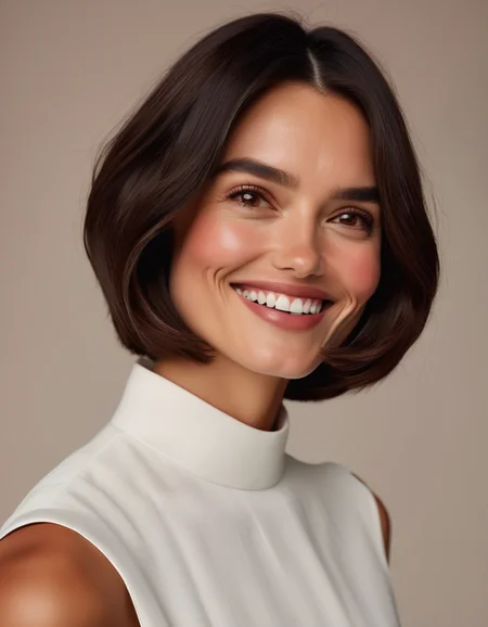 A close-up of a model with a chin-length, asymmetrical bob in dark brown hair, her sharp, angular features softened by her warm, brown eyes and gentle smile. <lora:usual-portrait-v2:1>