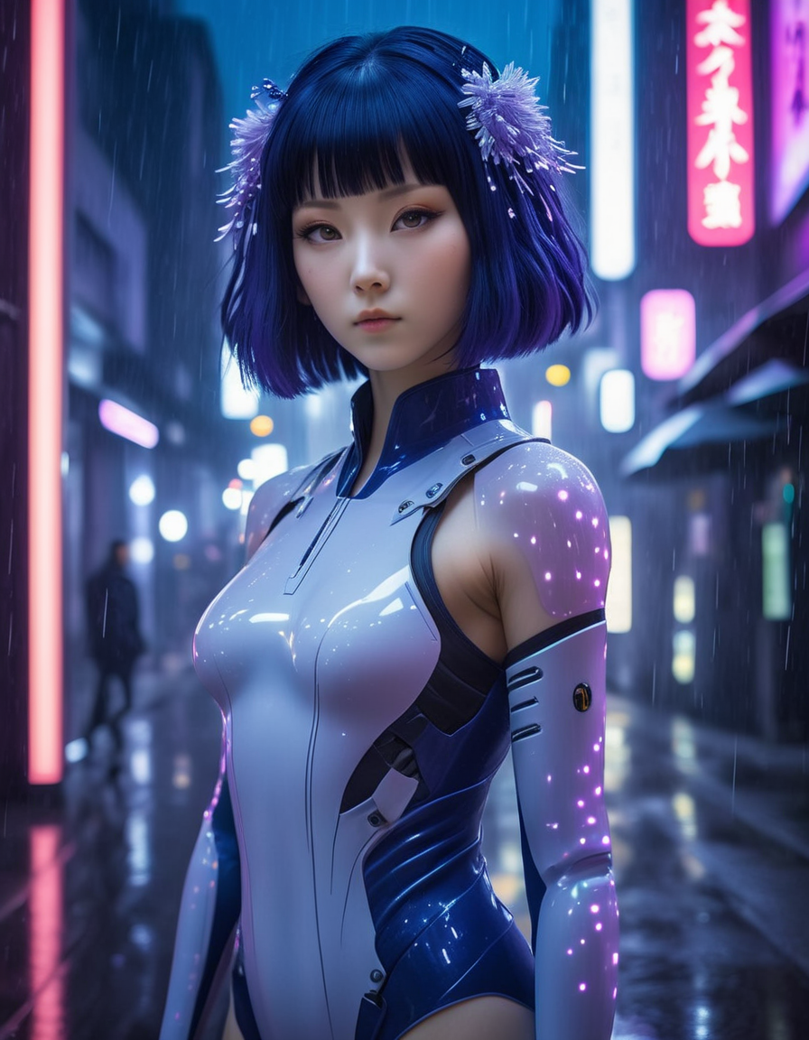portrait,masterpiece,4k,ray tracing,intricate details,highly-detailed,hyper-realistic,8k RAW Editorial Photo. a woman in a cyber outfit standing in the rain in a city at night with neon lights and neon signs,<lora:Mitsu-Cyberpunk:1>,Ai-Mitsu (artist, ai-mitsu),cyberpunk,city, . , cinematic light,dramatic light,shallow depth of field,high budget,bokeh,cinemascope,film grain,, (Hair Color: Dark indigo or blackish-blue. Hair Length: very long extending past her waist:1),(Eye Color: White,with a slight lavender or grayish hue. Eye Unique Feature: Hinata possesses the Byakugan,a Kekkei Genkai (bloodline limit) of the HyÅ«ga clan. Her eyes lack visible pupils and have a featureless,pale appearance,characteristic of the Byakugan:1),(Skin: Hinata has fair skin,which contrasts with her dark hair and pale eyes,giving her a delicate and ethereal look:1),(Height: Hinata is petite and slender:1),(Facial Features: Hinata has a gentle,soft face with a small nose,delicate features,and a natural blush:1),(Clothing: mature outfit,a sleeveless lavender top with mesh underarmor:1),