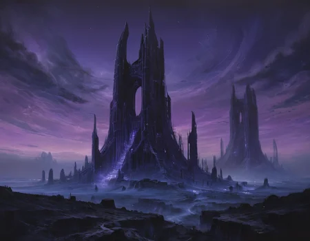 As dawn painted the horizon in shades of violet and indigo, the ghostly outlines of towering edifices emerged from the darkness, their jagged forms etched against the starlit sky like dark silhouettes of a forgotten sci-fi epic, b3ks1n