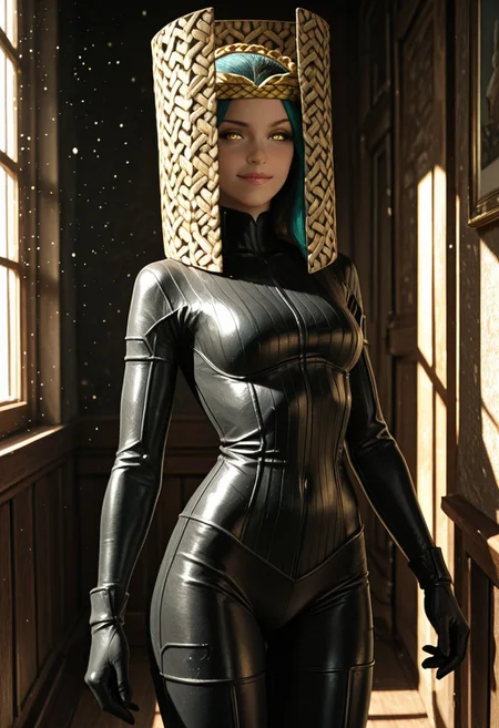 lazypos, Smooth_Quality, realistic, masterpiece, 8k, absurdres, highly detailed, DSLR, digital photo, best quality, amazing quality, very aesthetic, cowboy shot, full body in frame, looking at viewer, 
1girl, solo, atr0p0ssmt, green hair, short hair, yellow eyes, head dress, black bodysuit, black gloves, barefoot,
Expressiveh, seductive smile, indoors, day, simple background,