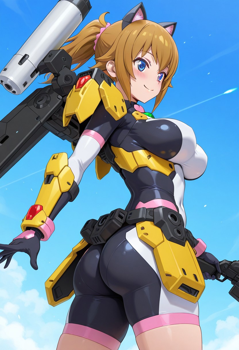 masterpiece,anime_coloring,anime clothing,avatar_fumina, Doll joint,blue eyes, brown hair, short hair, hoshino fumina, large_breasts , cat ears, elbow gloves, bodysuit, covered navel, armor, bike shorts, skin tight,yellow shoulder armor, yellow waist armor, weapon,shoulder cannon,thruster,gun,energy gun,blush face,kind smile,sky,in air,Air battle,,dynamic pose,from_back,ass_focus,