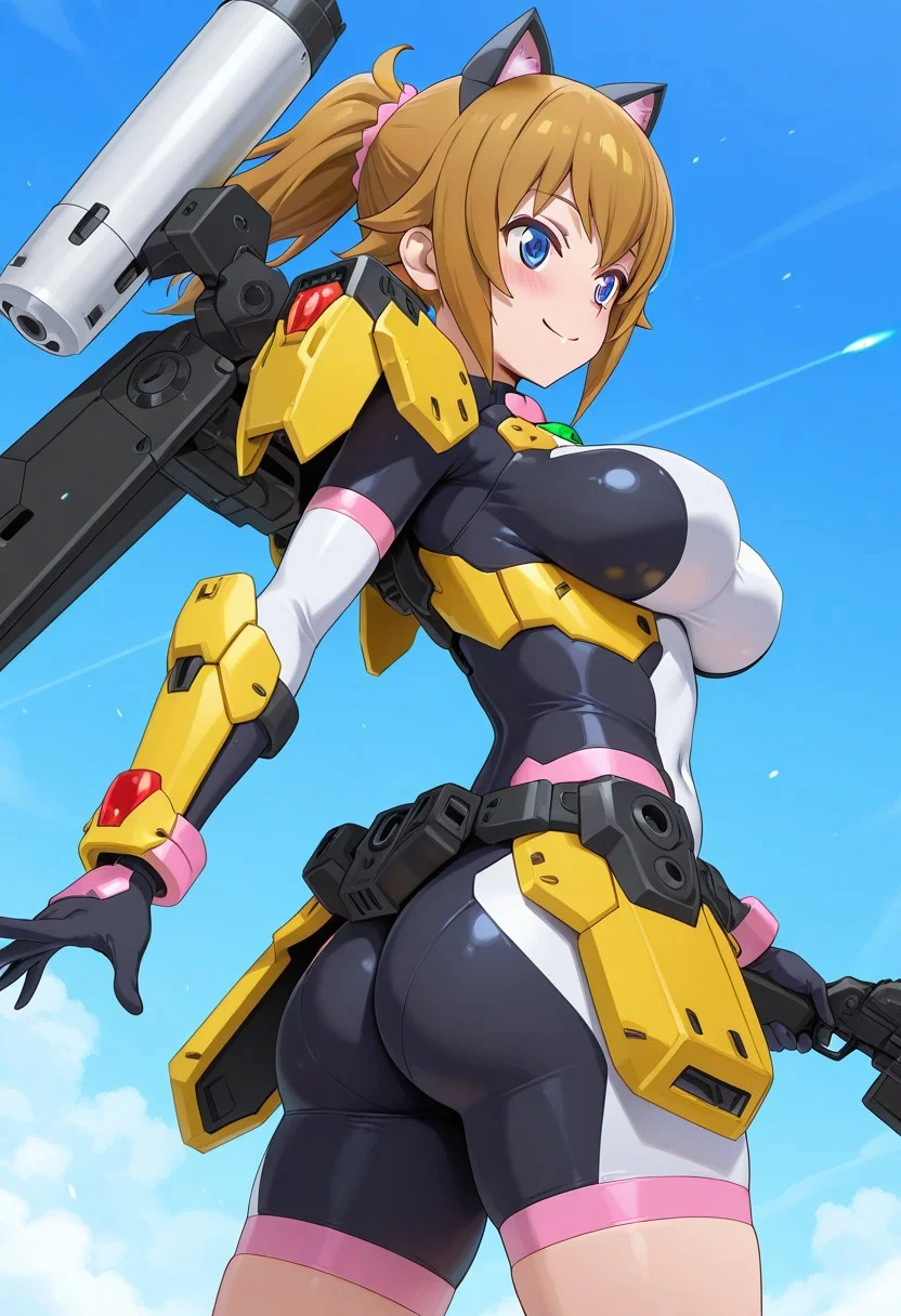 masterpiece,anime_coloring,anime clothing,avatar_fumina, Doll joint,blue eyes, brown hair, short hair, hoshino fumina, large_breasts , cat ears, elbow gloves, bodysuit, covered navel, armor, bike shorts, skin tight,yellow shoulder armor, yellow waist armor, weapon,shoulder cannon,thruster,gun,energy gun,blush face,kind smile,sky,in air,Air battle,,dynamic pose,from_back,ass_focus,