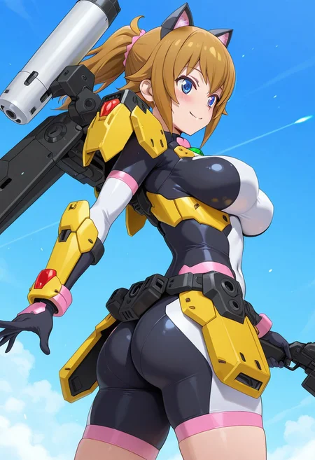 masterpiece,anime_coloring,anime clothing,avatar_fumina, Doll joint,blue eyes, brown hair, short hair, hoshino fumina, large_breasts , cat ears, elbow gloves, bodysuit, covered navel, armor, bike shorts, skin tight,yellow shoulder armor, yellow waist armor, weapon,shoulder cannon,thruster,gun,energy gun,blush face,kind smile,sky,in air,Air battle,,dynamic pose,from_back,ass_focus,