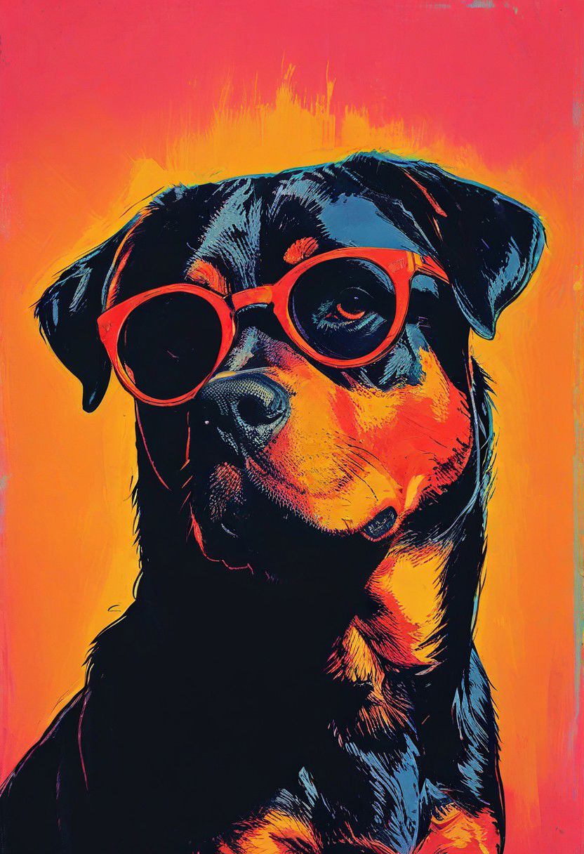 impactful color paint of, a Rottweiler wearing dark sunglasses, highly detailed, vibrant colors , 8k, sharp, professional, clear, high contrast, high saturated, , vivid deep blacks, crystal clear