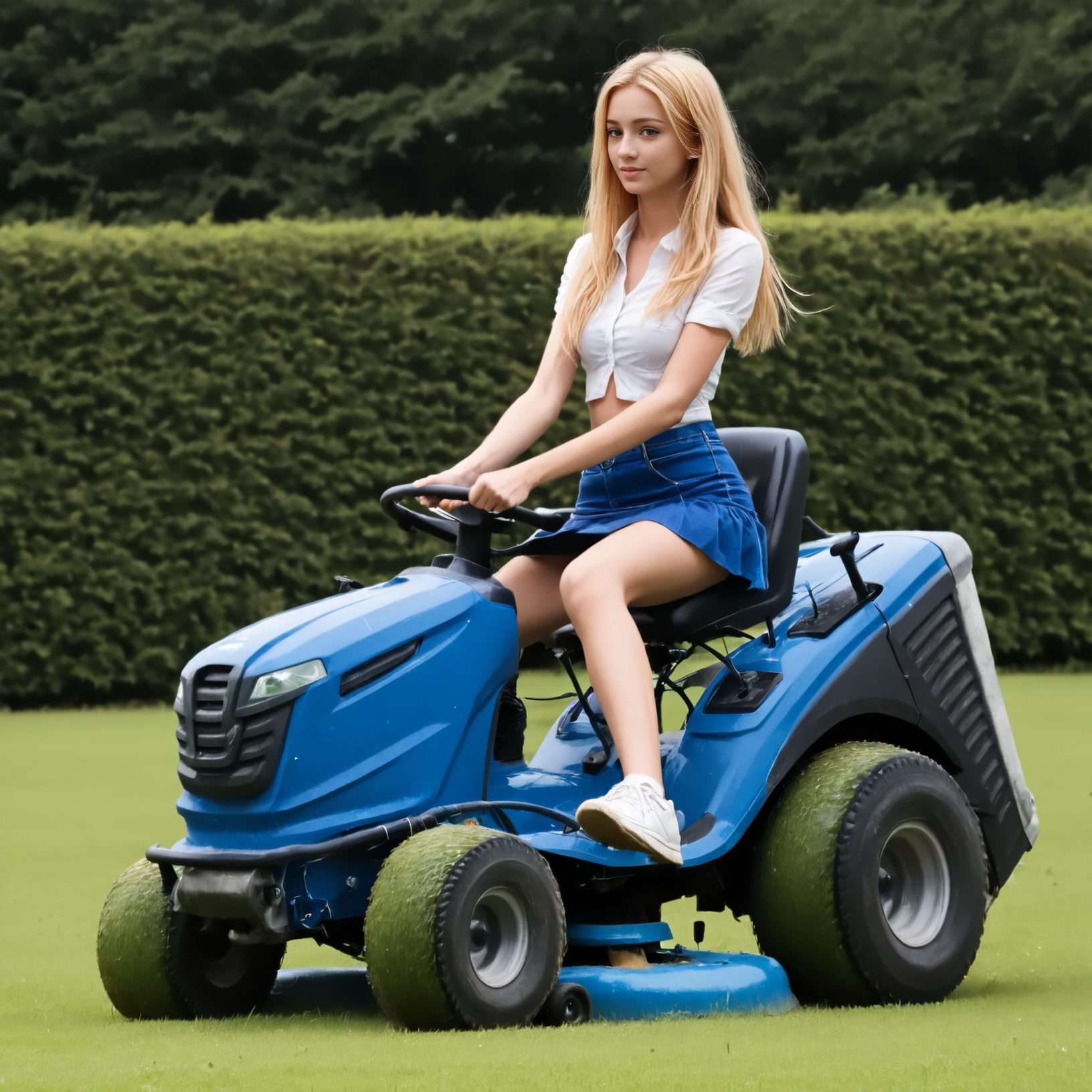 rilamo (side view) , (slim 25yo woman) riding a lawn mower. the woman wears blue short skirt and white blouse, sneakers and has long blonde hair <lora:RideLawnMower:1>