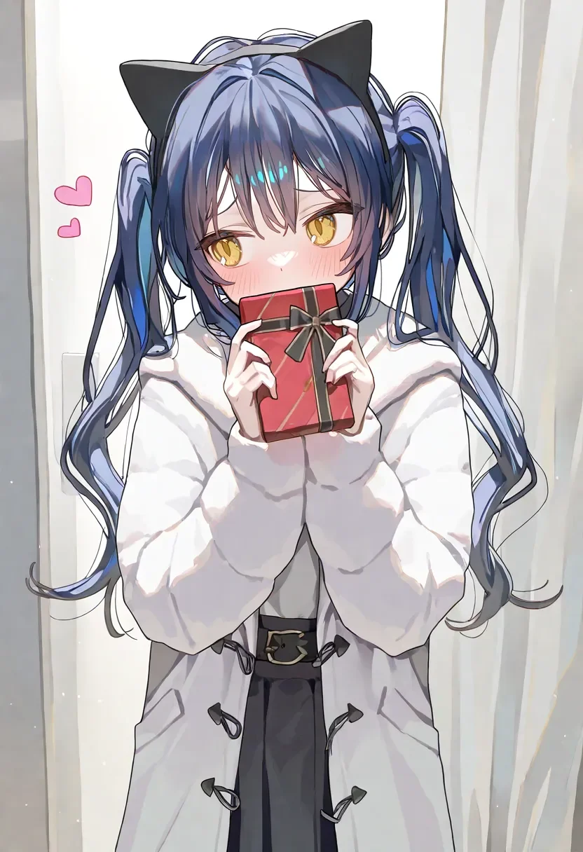1girl, ningen mame, black skirt, blue hair, blush, cat ears, fake animal ears, furrowed brow, heart, holding gift, long hair, looking to the side, open clothes, open coat, solo, standing, twintails, white coat, yellow eyes, very awa, very aesthetic, masterpiece, best quality, amazing quality, absurdres