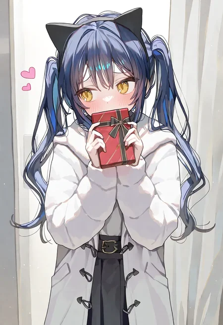 1girl, ningen mame, black skirt, blue hair, blush, cat ears, fake animal ears, furrowed brow, heart, holding gift, long hair, looking to the side, open clothes, open coat, solo, standing, twintails, white coat, yellow eyes, very awa, very aesthetic, masterpiece, best quality, amazing quality, absurdres