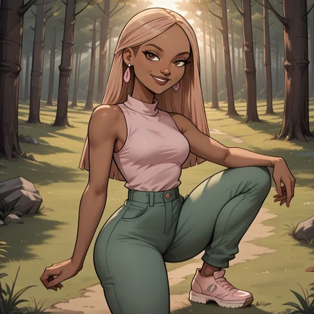 score_9, score_8, BREAK, solo, dark blonde hair, brown eyes, brown lips, lipstick, light pink sleeveless shirt, green pants, light pink footwear, earrings, dark skin, total drama, Nichelle_(Total_Drama), breasts, dark skin female, sexy pose, smile, outdoors, sunlight, shadows, evening lighting, natural lighting, forest, trees, grass, orange sky, sunset