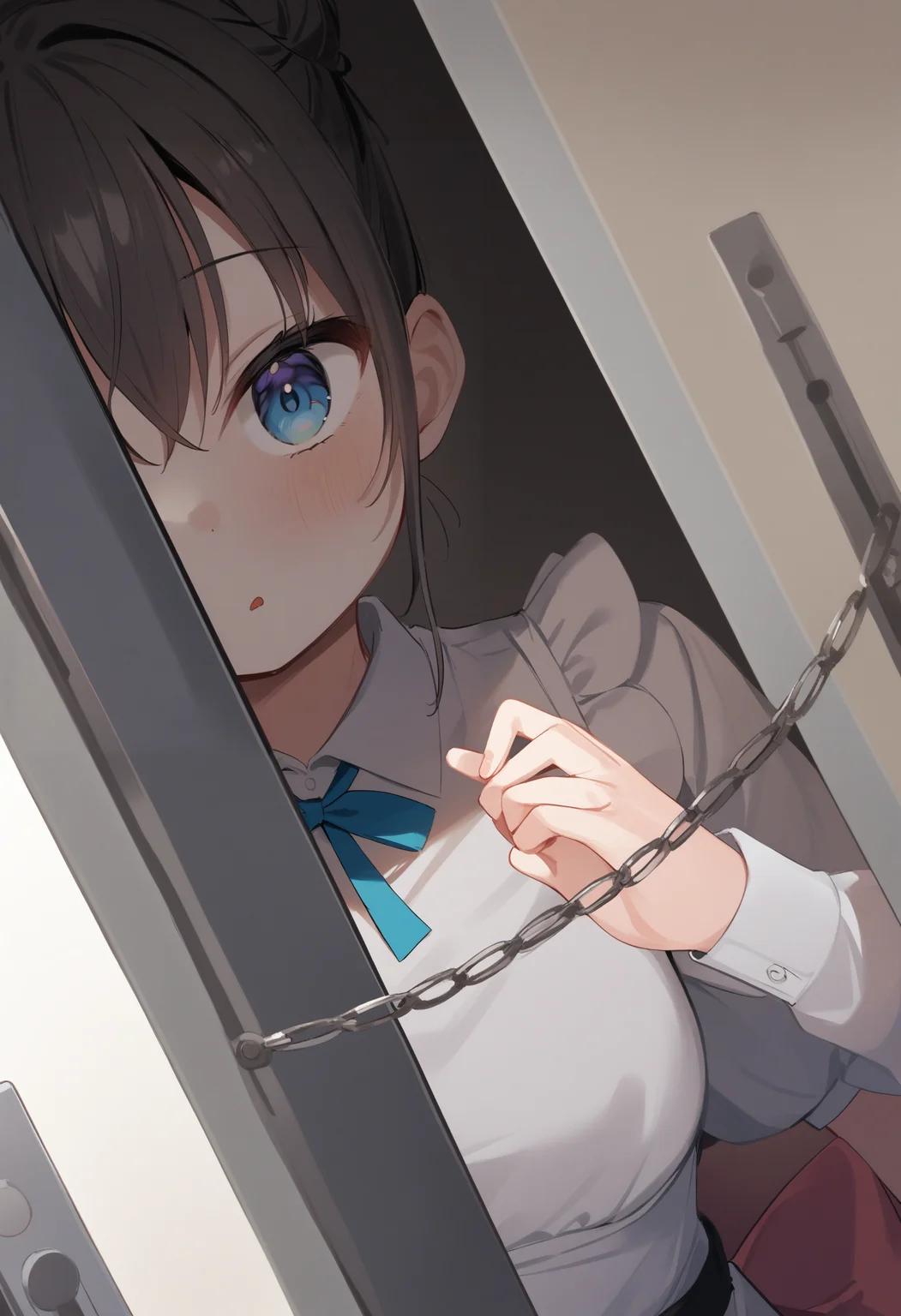 1girl,sincos, ningen mame, toosaka asagi,solo,medium breasts,20yo,maid,maid headdress,
door chain, peeking out, open door,<lora:doorchain_XL_v1:1.0>
chain, pov doorway, opening door, close-up,
dutch angle, wide shot, looking to the side, black hair, blue eyes,bored, swamps, open mouth, hair bun hair,,
best quality, very aesthetic, absurdres ,