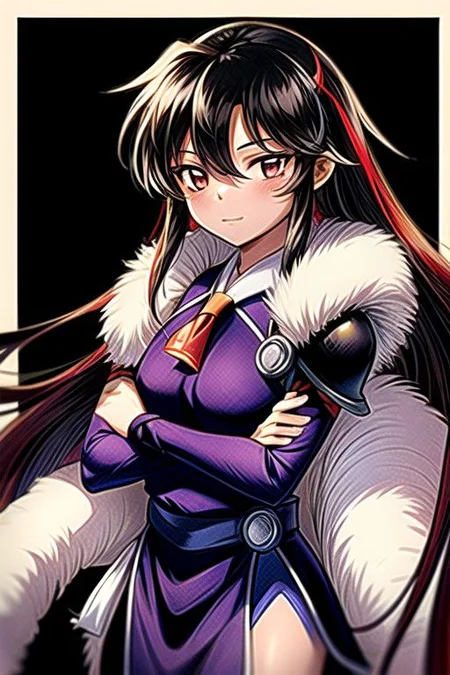 best quality 1girl Setsun4 solo long hair, (night time) forest background black hair very long hair purple eyes multicolored hair armor, small, (fur trim) (medium body),<lora:EMS-179-EMS:0.800000>,<lora:EMS-293862-EMS:0.800000> bow, hair_bow, hair_tubes, red_bow, brown_hair, long_hair, bangs, ascot, frilled_bow, yellow_ascot, blush, smile, hair_between_eyes, athletic, armor, miko, strengthmda, crossed arms,