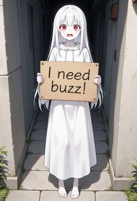 masterpiece,best quality,amazing quality,newest, absurdres, highres, 1girl, detailed eyes, beautiful, perfect eyes, finely detailed face, pale white skin, white hair, long straight hair, red eyes, looking at viewer, scared face, open mouth, white robe, thin arms, thin legs, barefoot, backstreet, amazing quality, very aesthetic, need_buzz, holding sign, white sign