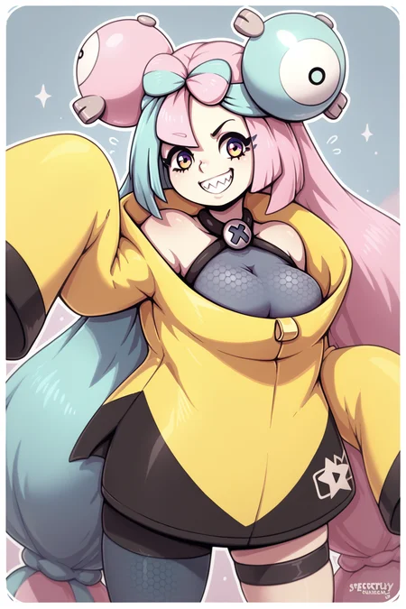 Score_8_up, score_7_up, Score_9, BREAK, solo, 1girl, iono, grey dress, sleeveless dress, yellow jacket, logo, oversized clothes, sleeves past hands, grin, sharp teeth, thigh strap, single pantyhose leg, cowboy shot, by <secretly saucy><lora:EMS-413739-EMS:0.600000>, <lora:EMS-322220-EMS:1.000000>