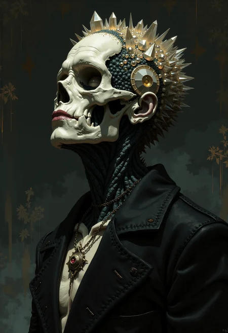 A hauntingly beautiful, dark gothic fantasy scene captured in a vintage analog photograph style, photorealistic with a somber, foreboding atmosphere. The image is a close-up character portrait of a once-powerful crystal-magic user, now deceased, whose obsession with forbidden knowledge has twisted their body into a grotesque, crystalline form. Soft, diffused lighting casts subtle shadows, with light scattering and gentle highlight diffusion creating a sense of eerie elegance. The monochromatic color palette is dominated by deep blacks, greys, and faint, dark amber tones, evoking a sense of tragic loss and cosmic horror. The brushwork is loose and expressive, with visible texture that suggests both movement and the unsettling stillness of death. The character's body is partially crystalized, with jagged, translucent crystals protruding from their skin, nose, ears, and eye sockets, as if their very flesh has been consumed by the malevolent cosmic force they sought to control. Their skull is grotesquely deformed, elongated to accommodate a now-crystallized brain that protrudes unnaturally, a grim testament to their doomed quest for infinite knowledge. Despite their monstrous transformation, the character retains an otherworldly attractiveness, their features still discernible beneath the crystalline encasement. Their impossibly tall, haunting figure exudes both tragedy and terror, a chilling reminder of the dangers of unchecked ambition. The scene is richly detailed, with intricate textures and a mesmerizing interplay of light and shadow, creating a deeply immersive and unsettling visual experience., ch1b1k1n3s1s, modernretroanime, Anime, DB4RZ, DB4RZ style painting,.,vintage analog photograph, photorealistic, dark gothic fantasy, anime style, close-up character portrait, soft diffused lighting, subtle light scattering, soft refractions, gentle highlight diffusion, muted reflections, dark monochromatic color scheme, shades of black, grey, very dark amber, somber, foreboding atmosphere, loose expressive brushwork, visible texture, energy, movement, intensity, deceased crystal-magic user, once powerful, obsession with power, twisted grotesque form, partially crystalized, encased in crystal, deformed body, malevolent cosmic being, patches of crystals, flesh replaced, crystals protruding through skin, nose, ears, eye sockets, elongated oblong skull, crystallized brain, protruding from skull, infinite crystal knowledge, impossibly tall, haunting, intricate, highly detailed, attractive young man, tragic loss, cosmic horror, eerie elegance, unsettling stillness, texture, movement, tragedy, terror, unchecked ambition, immersive, unsettling, light and shadow interplay, intricate textures, ch1b1k1n3s1s, modernretroanime, Anime, DB4RZ, DB4RZ style painting,.,<lora:yokawa2-resize:0.312><lora:Chibi_Adventures:0.167> ch1b1k1n3s1s,<lora:Modern-Retro_Anime-FLUX:0.363> modernretroanime, Anime,<lora:FLUX-daubrez-DB4RZ:0.28> DB4RZ, DB4RZ style painting