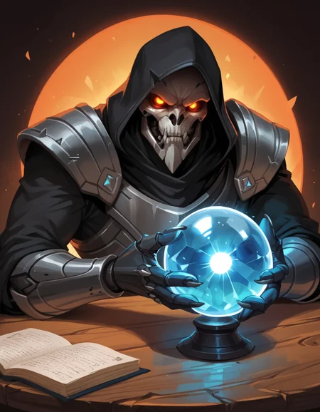 score_9, score_8_up, score_7_up, score_6_up, score_5_up, score_4_up, 1boy, reaper_\(overwatch\), hud_cryst4l_b4ll, glowing, crystal ball, orb, upper body, table,
