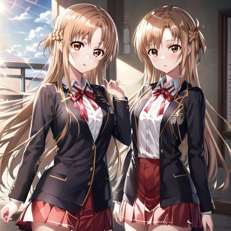 asuna yuuki, long hair, brown hair, (brown eyes:2), BREAK skirt, shirt, long sleeves, ribbon, school uniform, jacket, white shirt, red ribbon, black jacket, neck ribbon, BREAK indoors, school, sun, sky, BREAK looking at viewer, (cowboy shot:1.5), BREAK (masterpiece:1.2), best quality, high resolution, unity 8k wallpaper, (illustration:0.8), (beautiful detailed eyes:1.6), extremely detailed face, perfect lighting, extremely detailed CG