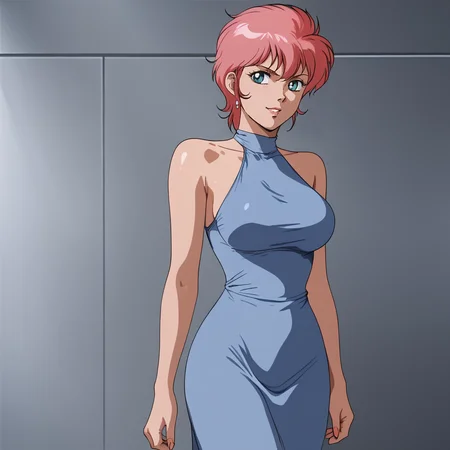 <lora:rainaguydoubleagent_pony_v1:.8>Raina, 1980s (style), retro artstyle, short hair, 1girl, solo, large breasts,  pink hair, blue eyes, cowboy shot,  <lora:0932 Home wear 9_v1_pony:1> ruanyi0932,blue dress,halter dress,sleeveless,cowboy shot,taut dress,skin tight,long dress