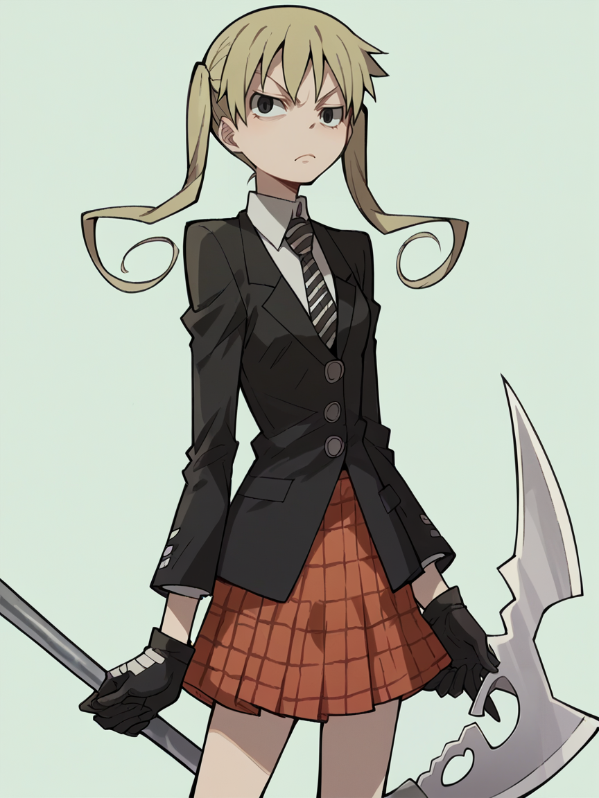 score_9, score_8_up, score_7_up, score_6_up, score_5_up,  <lora:SoulEaterXLP:1> soul eater, 1girl, solo, scythe, skirt, gloves, plaid, twintails, blonde hair, necktie, plaid skirt,