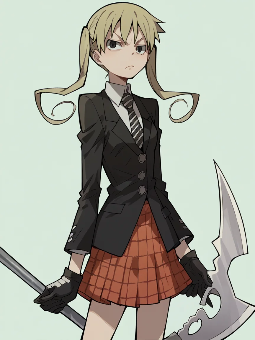score_9, score_8_up, score_7_up, score_6_up, score_5_up, <lora:SoulEaterXLP:1> soul eater, 1girl, solo, scythe, skirt, gloves, plaid, twintails, blonde hair, necktie, plaid skirt,